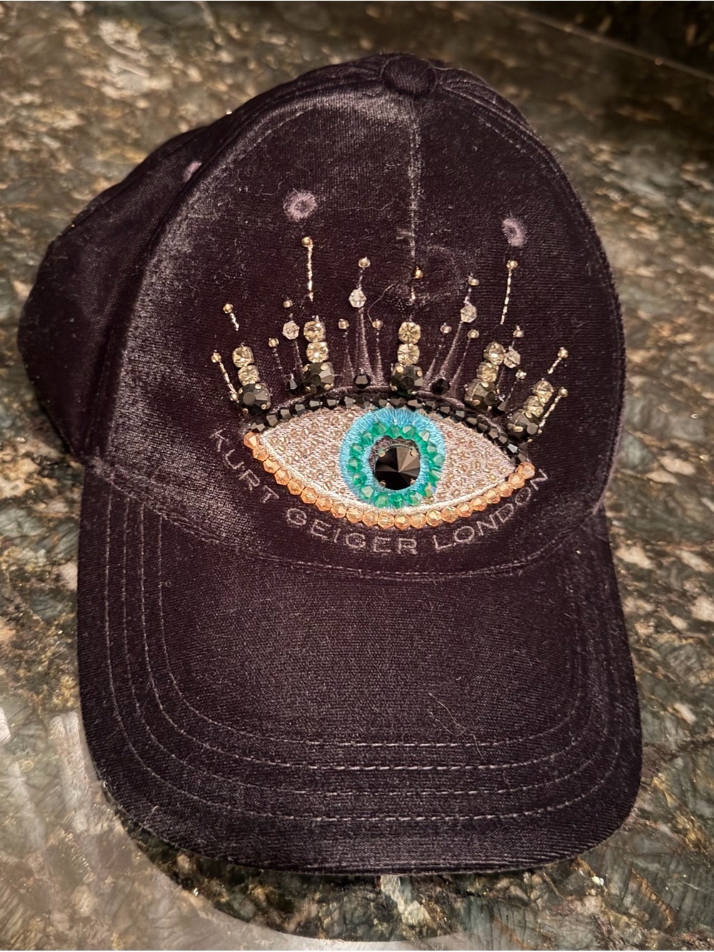 Kurt Geiger Embellished Black Velvet Cap with Crystal Eye.Beautiful condition.